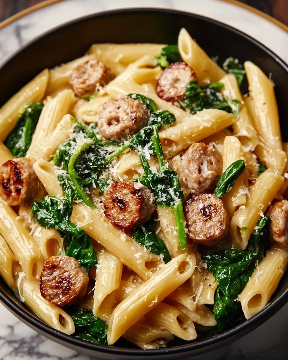 One-Pan Creamy Penne with Spinach and Italian Sausage Recipe - Recipe Image