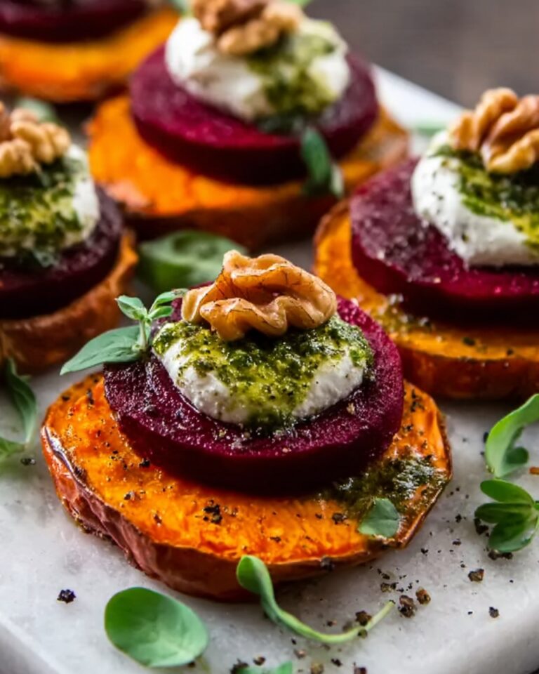 Sweet Potato Rounds with Burrata, Roasted Beets, and Walnut Sage Pesto Recipe