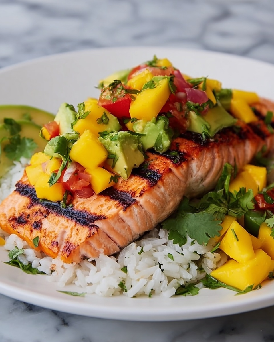 Grilled Lime Salmon with Avocado-Mango Salsa and Coconut Rice Recipe - Recipe Image
