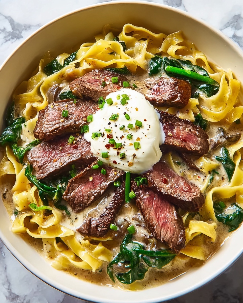 Garlic Butter Steak with Egg Noodles and Spinach Salad Recipe - Recipe Image