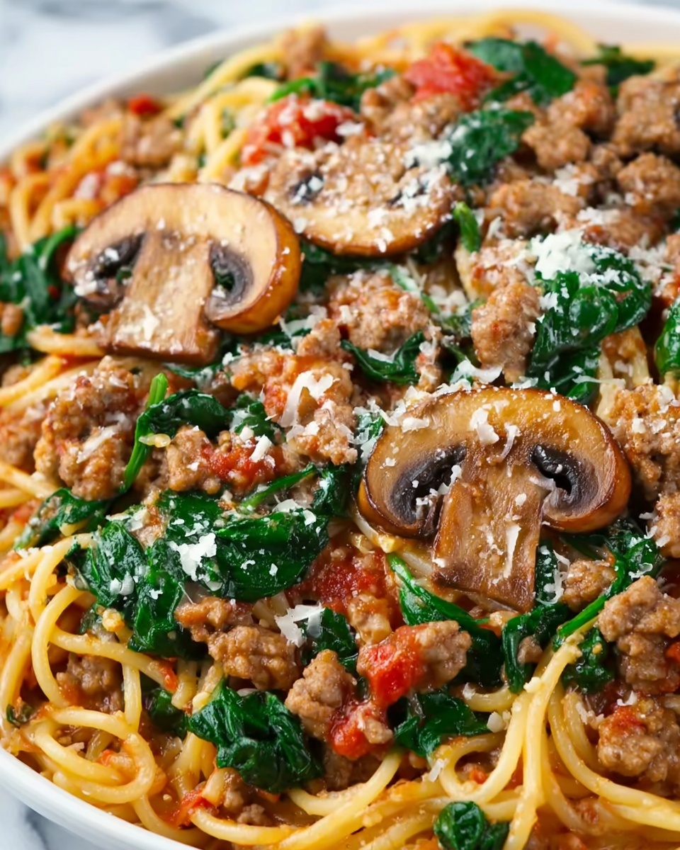 Italian Sausage Pasta with Spinach, Mushrooms, and Marinara Sauce Recipe - Recipe Image