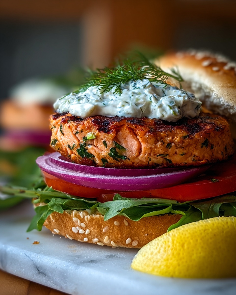 Salmon Burgers with Tzatziki and Fresh Veggies Recipe - Recipe Image