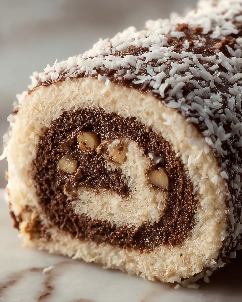 German Chocolate Coconut Pecan Roll Cake Recipe - Recipe Image