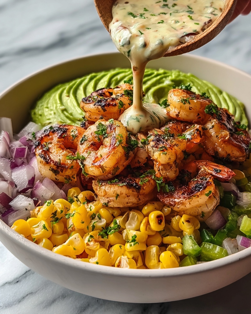 Yummy Grilled Shrimp Bowl with Avocado Corn Salsa and Creamy Sauce Recipe - Recipe Image