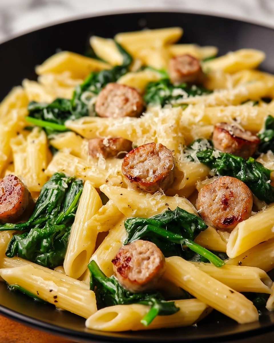 One-Pan Creamy Penne with Spinach and Italian Sausage Recipe - Recipe Image
