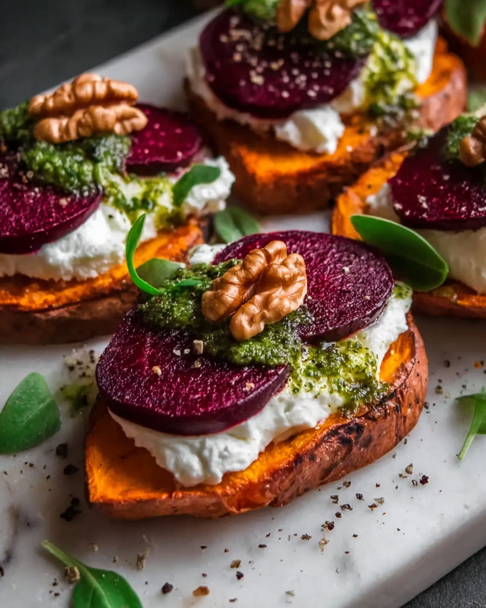 Sweet Potato Rounds with Burrata, Roasted Beets, and Walnut Sage Pesto Recipe - Recipe Image