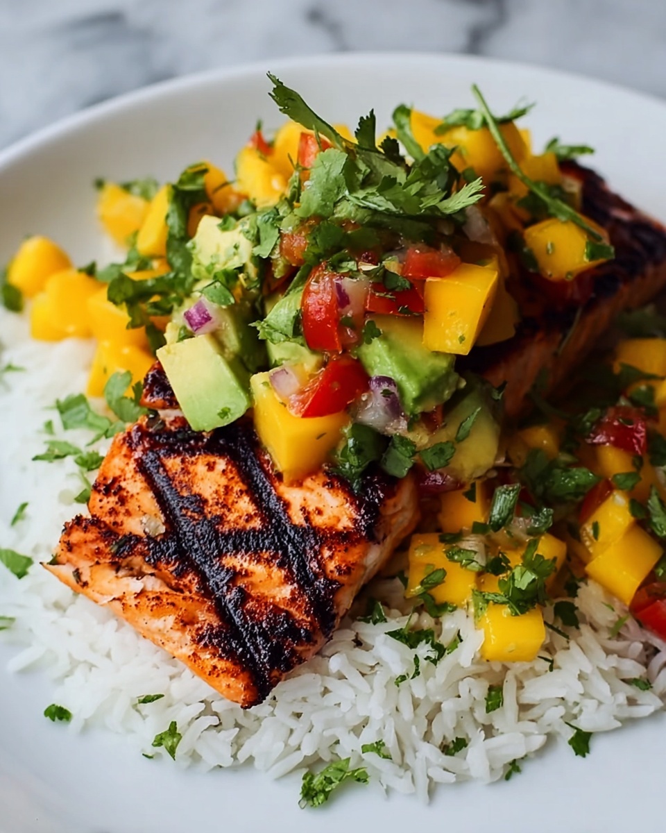 Grilled Lime Salmon with Avocado-Mango Salsa and Coconut Rice Recipe - Recipe Image