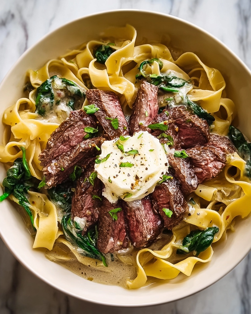 Garlic Butter Steak with Egg Noodles and Spinach Salad Recipe - Recipe Image