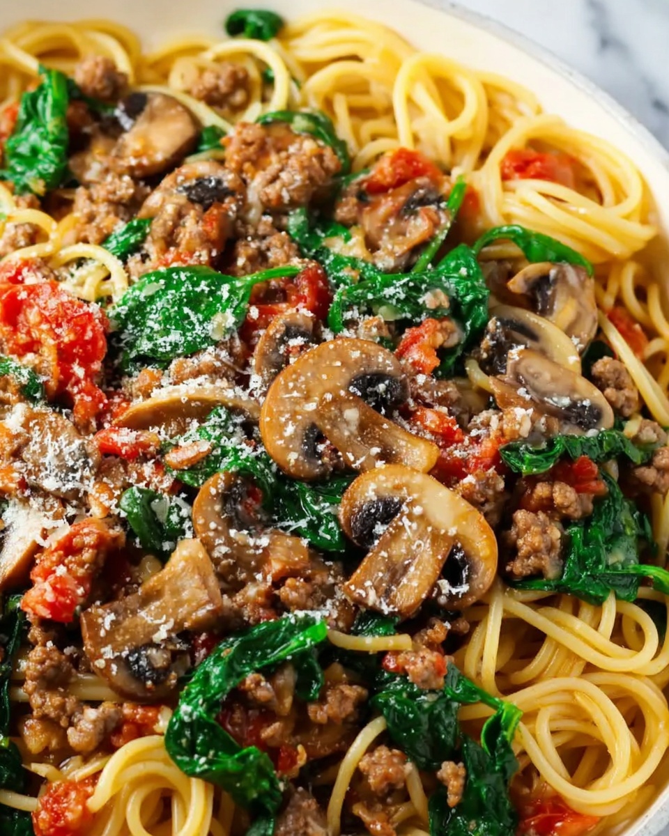Italian Sausage Pasta with Spinach, Mushrooms, and Marinara Sauce Recipe - Recipe Image
