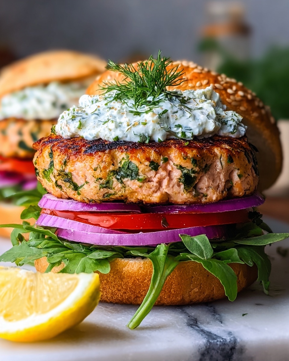 Salmon Burgers with Tzatziki and Fresh Veggies Recipe - Recipe Image