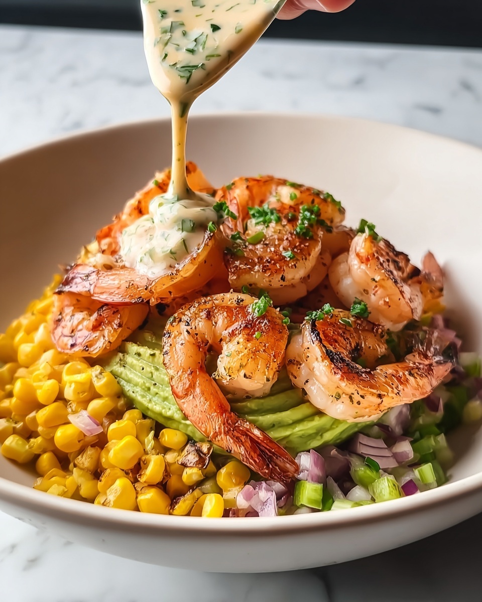 Yummy Grilled Shrimp Bowl with Avocado Corn Salsa and Creamy Sauce Recipe - Recipe Image